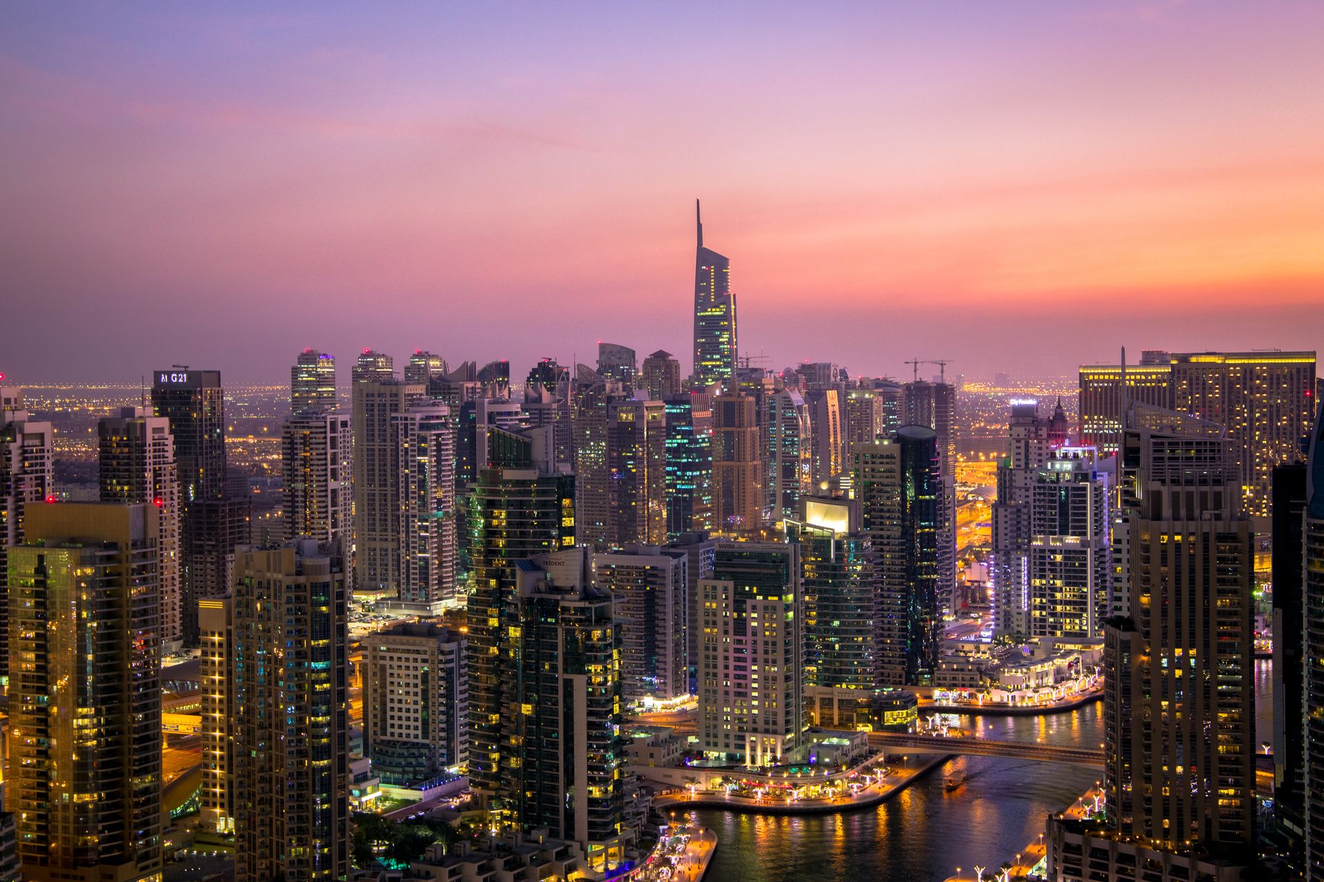 The Dubai Marina business district skyline at dusk