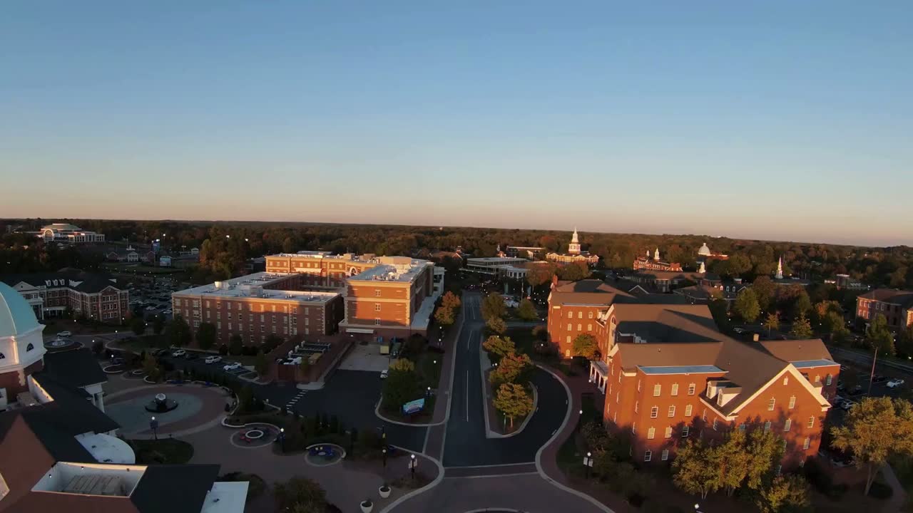 Aerial view of a university campus at golden hour